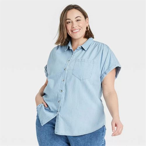 Women's Plus Size Short Sleeve Button-Down Denim Shirt - Ava & Viv Light  Wash 3X - Miazone
