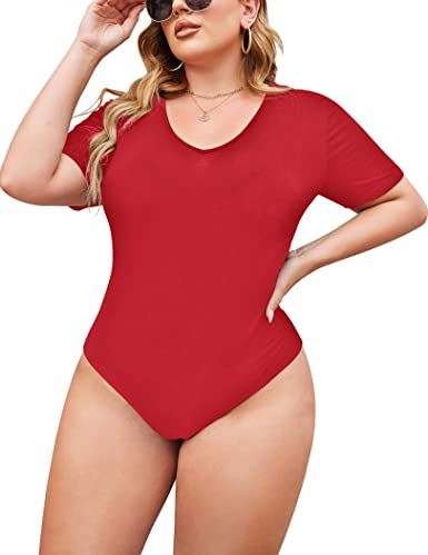 IN'VOLAND Women's Bodysuit Plus Size Short Sleeve Scoop Neck Bodysuit Basic  Top T Shirt Leotards Jumpsuits - Miazone